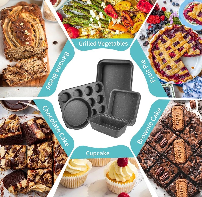 Barlket Baking Pans Set, 5 Piece Grey Marble Nonstick Bakeware with 100 Cupcake Liners – Stackable Carbon Steel Set for Small Kitchens, Apartments, Home Baking and Gifts - Image 4